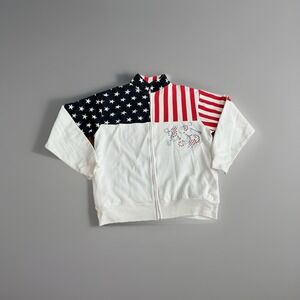 Vtg ESY Surf Co. USA Flag Rhinestone Zip Up Jacket Patriotic Stars Stripes Sz L